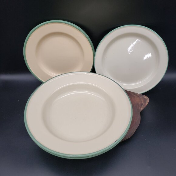Vintage Kockums Sweden Enamelware Set 3 Bowls & 3 Plates Green Rim Scandinavian - Picture 2 of 15